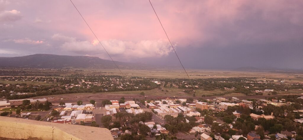 panoramic view of the City of Raton from above at dusk
