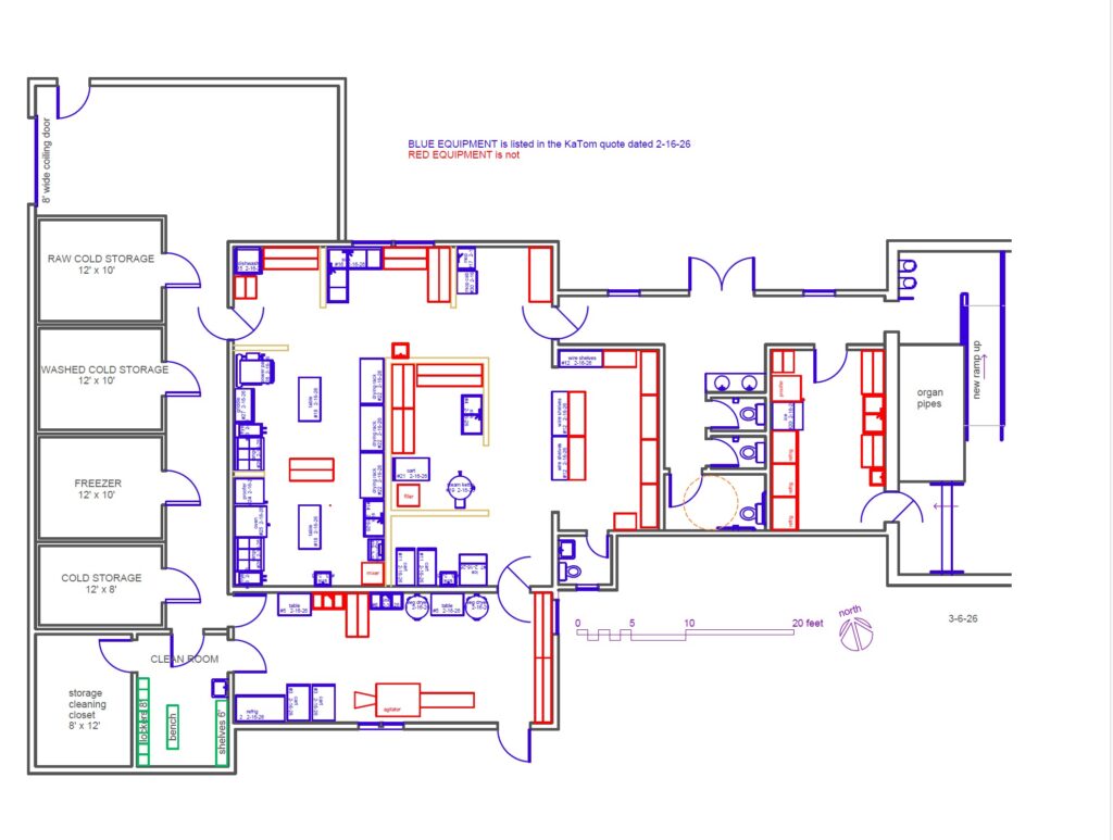 architectural drawing of proposed kitchen floor plan within the footprint of a former church